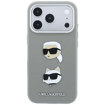 Maska za Apple iPhone 18 Pro / 17 Pro, Karl Lagerfeld, Saffiano s pribadačom s glavama Karla i Choupette te logotipom, siva