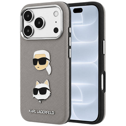 Maska za Apple iPhone 18 Pro / 17 Pro, Karl Lagerfeld, Saffiano s pribadačom s glavama Karla i Choupette te logotipom, siva