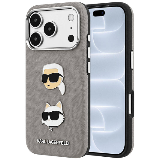 Maska za Apple iPhone 18 Pro / 17 Pro, Karl Lagerfeld, Saffiano s pribadačom s glavama Karla i Choupette te logotipom, siva