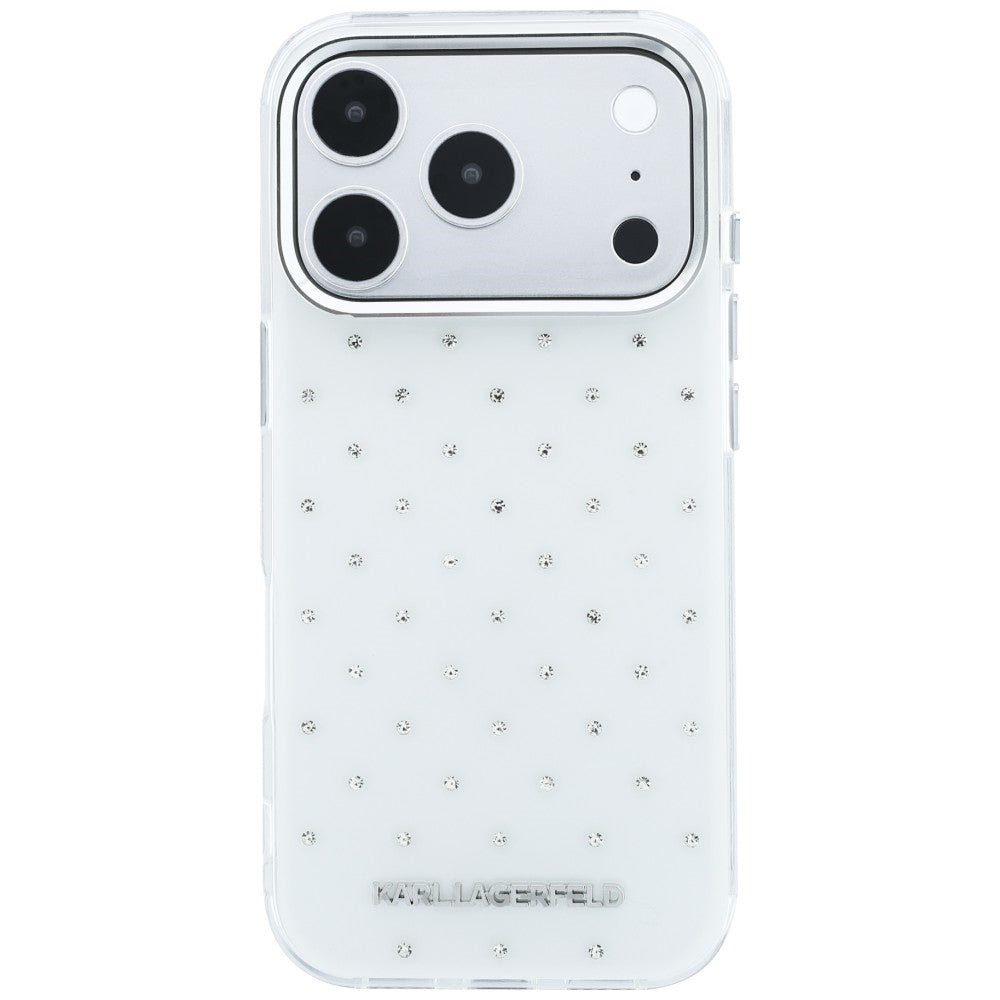 Maska za Apple iPhone 18 Pro Max / 17 Pro Max, Karl Lagerfeld, IML Rhinestones i Elektroplatirani Logo, Bijela