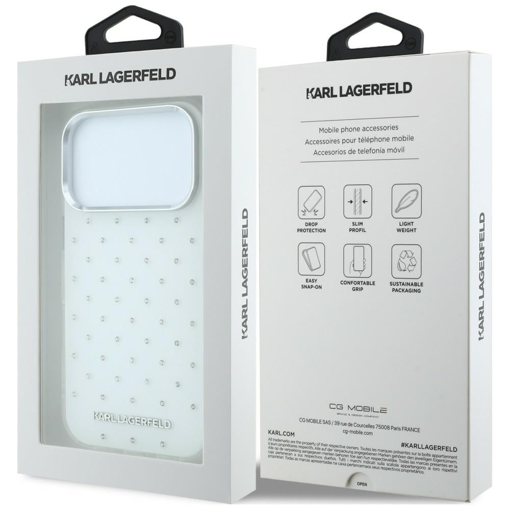 Maska za Apple iPhone 18 Pro Max / 17 Pro Max, Karl Lagerfeld, IML Rhinestones i Elektroplatirani Logo, Bijela