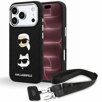 Maska za Apple iPhone 18 Pro Max / 17 Pro Max, Karl Lagerfeld, Saffiano Crossbody Karl & Choupette Head's Pins Logo, crna