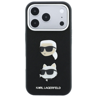 Maska za Apple iPhone 18 Pro Max / 17 Pro Max, Karl Lagerfeld, Saffiano Crossbody Karl & Choupette Head's Pins Logo, crna