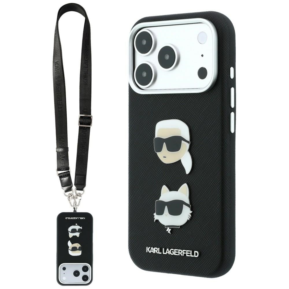 Maska za Apple iPhone 18 Pro Max / 17 Pro Max, Karl Lagerfeld, Saffiano Crossbody Karl & Choupette Head's Pins Logo, crna