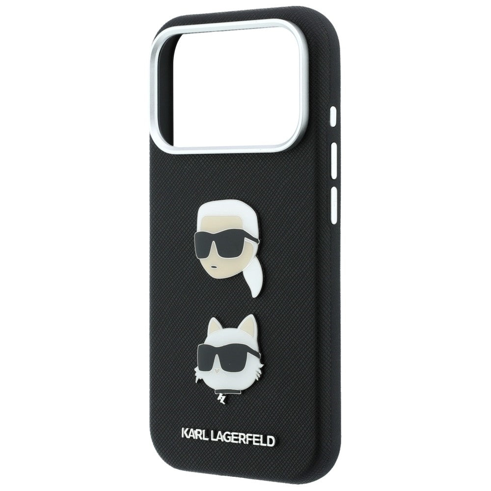 Maska za Apple iPhone 18 Pro Max / 17 Pro Max, Karl Lagerfeld, Saffiano Crossbody Karl & Choupette Head's Pins Logo, crna