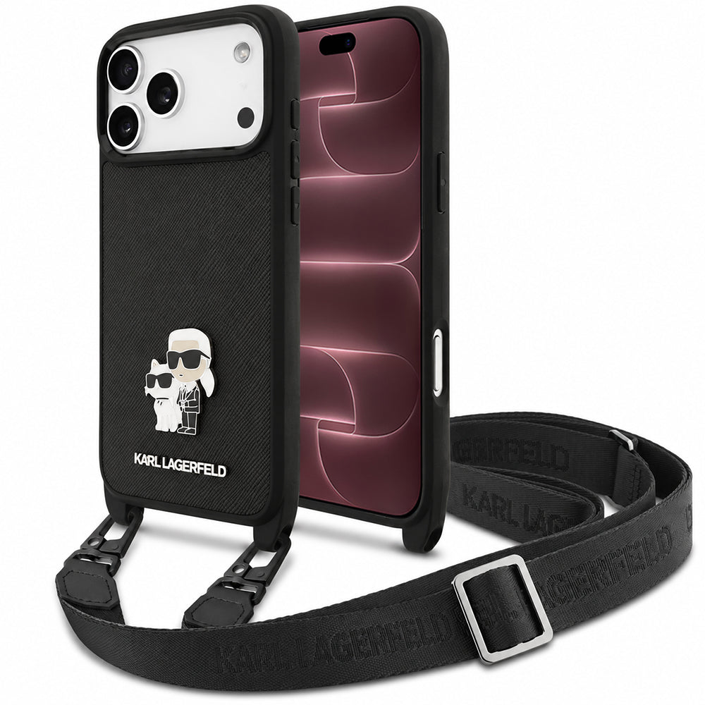 Maska za Apple iPhone 18 Pro Max / 17 Pro Max, Karl Lagerfeld, Saffiano Crossbody Metal Pin Karl & Choupette, crna