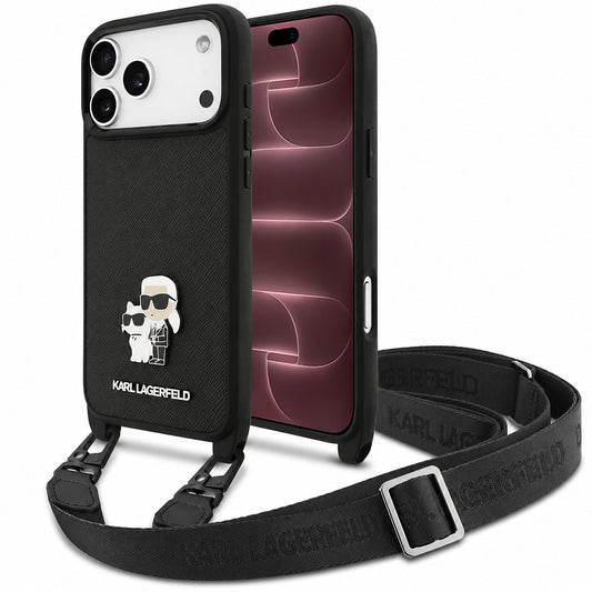 Maska za Apple iPhone 18 Pro Max / 17 Pro Max, Karl Lagerfeld, Saffiano Crossbody Metal Pin Karl & Choupette, crna