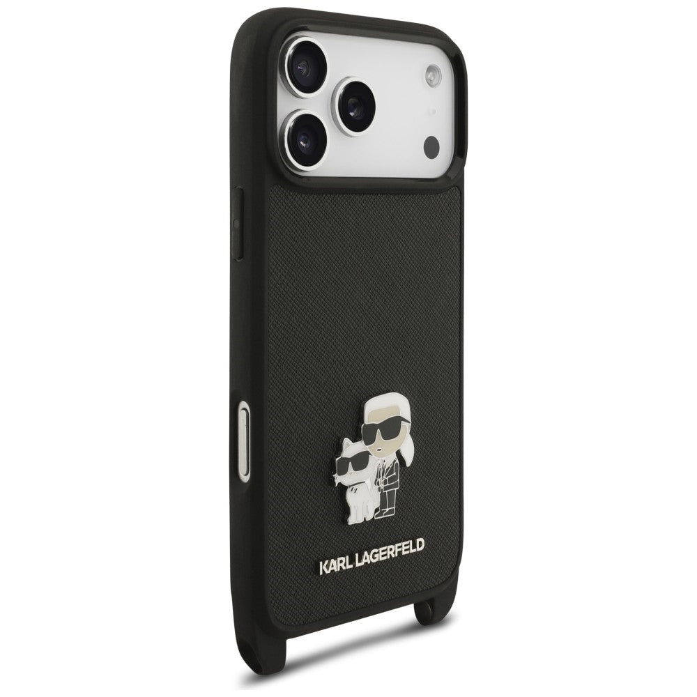 Maska za Apple iPhone 18 Pro Max / 17 Pro Max, Karl Lagerfeld, Saffiano Crossbody Metal Pin Karl & Choupette, crna
