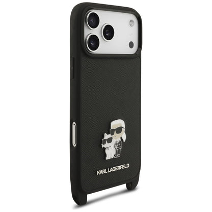 Maska za Apple iPhone 18 Pro Max / 17 Pro Max, Karl Lagerfeld, Saffiano Crossbody Metal Pin Karl & Choupette, crna