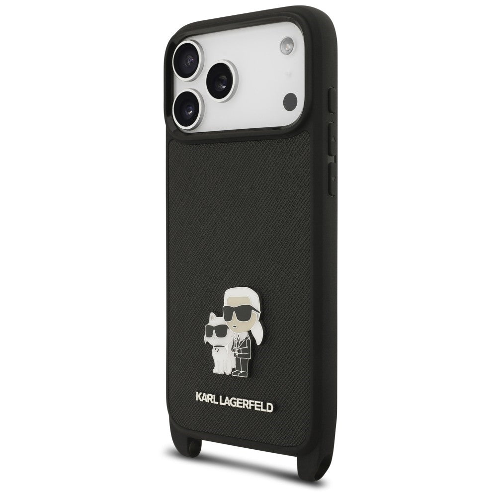Maska za Apple iPhone 18 Pro Max / 17 Pro Max, Karl Lagerfeld, Saffiano Crossbody Metal Pin Karl & Choupette, crna