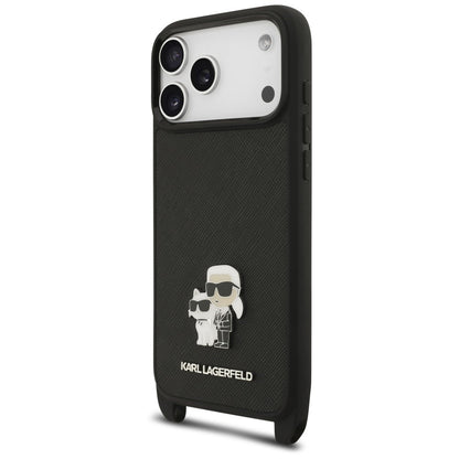 Maska za Apple iPhone 18 Pro Max / 17 Pro Max, Karl Lagerfeld, Saffiano Crossbody Metal Pin Karl & Choupette, crna