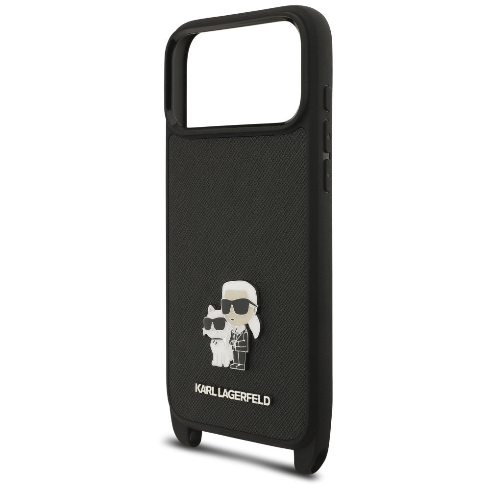 Maska za Apple iPhone 18 Pro Max / 17 Pro Max, Karl Lagerfeld, Saffiano Crossbody Metal Pin Karl & Choupette, crna
