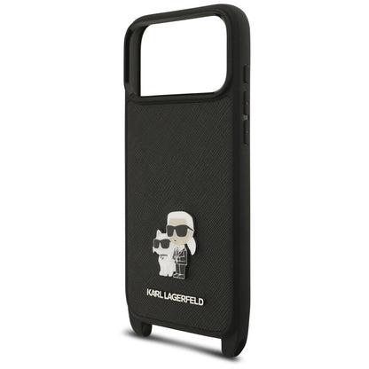 Maska za Apple iPhone 18 Pro Max / 17 Pro Max, Karl Lagerfeld, Saffiano Crossbody Metal Pin Karl & Choupette, crna