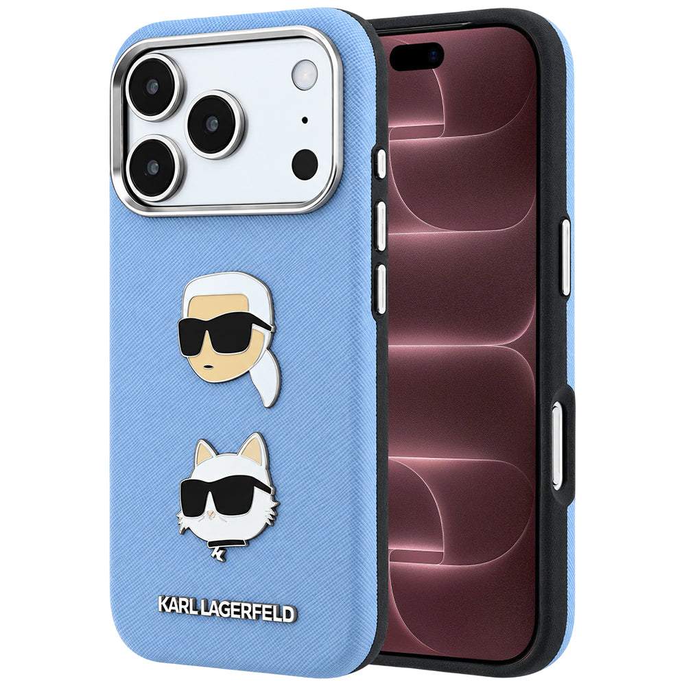 Maska za Apple iPhone 18 Pro Max / 17 Pro Max, Karl Lagerfeld, Saffiano s Karl & Choupette glavom i logotipom, Plava