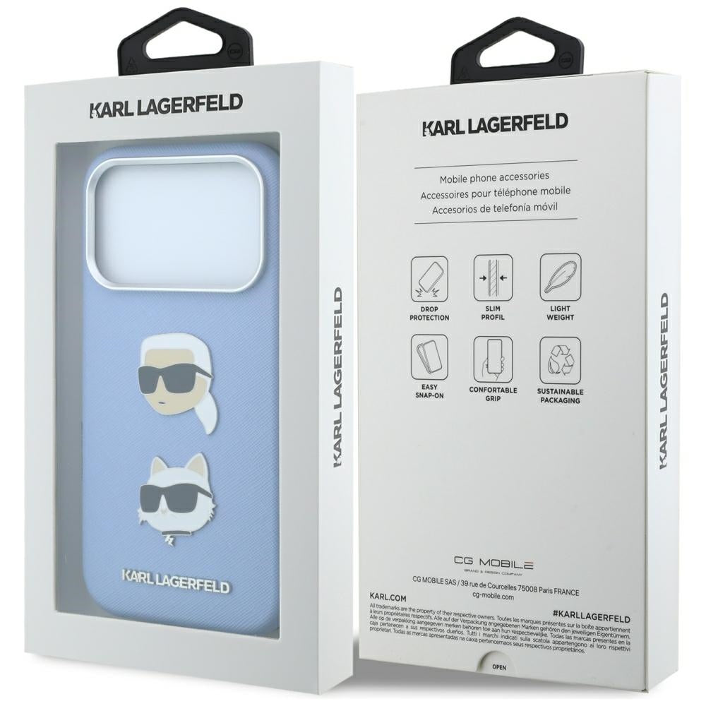 Maska za Apple iPhone 18 Pro Max / 17 Pro Max, Karl Lagerfeld, Saffiano s Karl & Choupette glavom i logotipom, Plava
