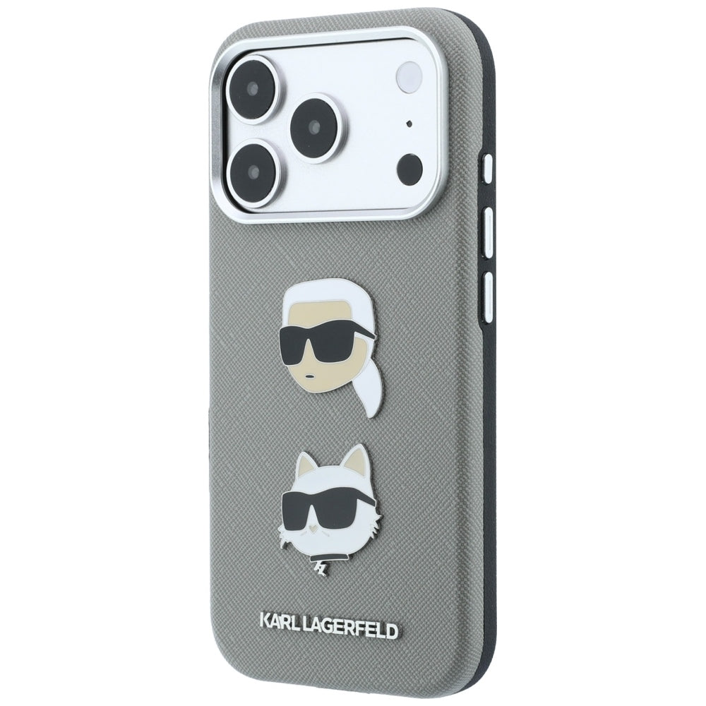 Maska za Apple iPhone 18 Pro Max / 17 Pro Max, Karl Lagerfeld, Saffiano s pribadačom s glavama Karla i Choupette te logotipom, siva