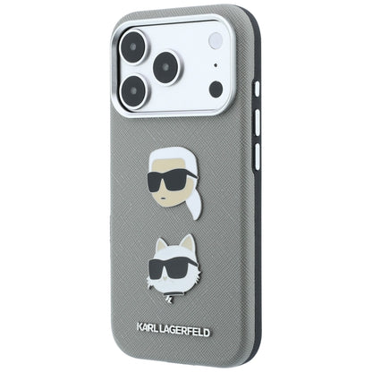 Maska za Apple iPhone 18 Pro Max / 17 Pro Max, Karl Lagerfeld, Saffiano s pribadačom s glavama Karla i Choupette te logotipom, siva