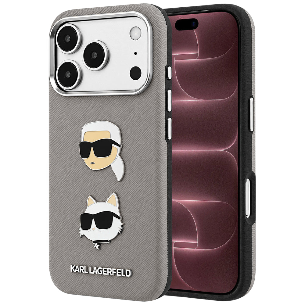 Maska za Apple iPhone 18 Pro Max / 17 Pro Max, Karl Lagerfeld, Saffiano s pribadačom s glavama Karla i Choupette te logotipom, siva