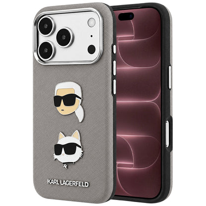Maska za Apple iPhone 18 Pro Max / 17 Pro Max, Karl Lagerfeld, Saffiano s pribadačom s glavama Karla i Choupette te logotipom, siva