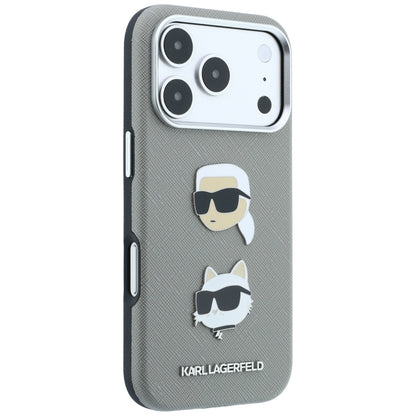 Maska za Apple iPhone 18 Pro Max / 17 Pro Max, Karl Lagerfeld, Saffiano s pribadačom s glavama Karla i Choupette te logotipom, siva