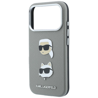 Maska za Apple iPhone 18 Pro Max / 17 Pro Max, Karl Lagerfeld, Saffiano s pribadačom s glavama Karla i Choupette te logotipom, siva