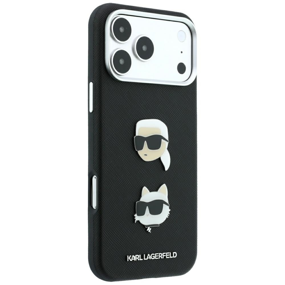 Maska za Apple iPhone 18 Pro Max / 17 Pro Max, Karl Lagerfeld, Saffiano s Karl & Choupette glavom i logotipom, Crna
