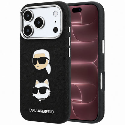 Maska za Apple iPhone 18 Pro Max / 17 Pro Max, Karl Lagerfeld, Saffiano s Karl & Choupette glavom i logotipom, Crna