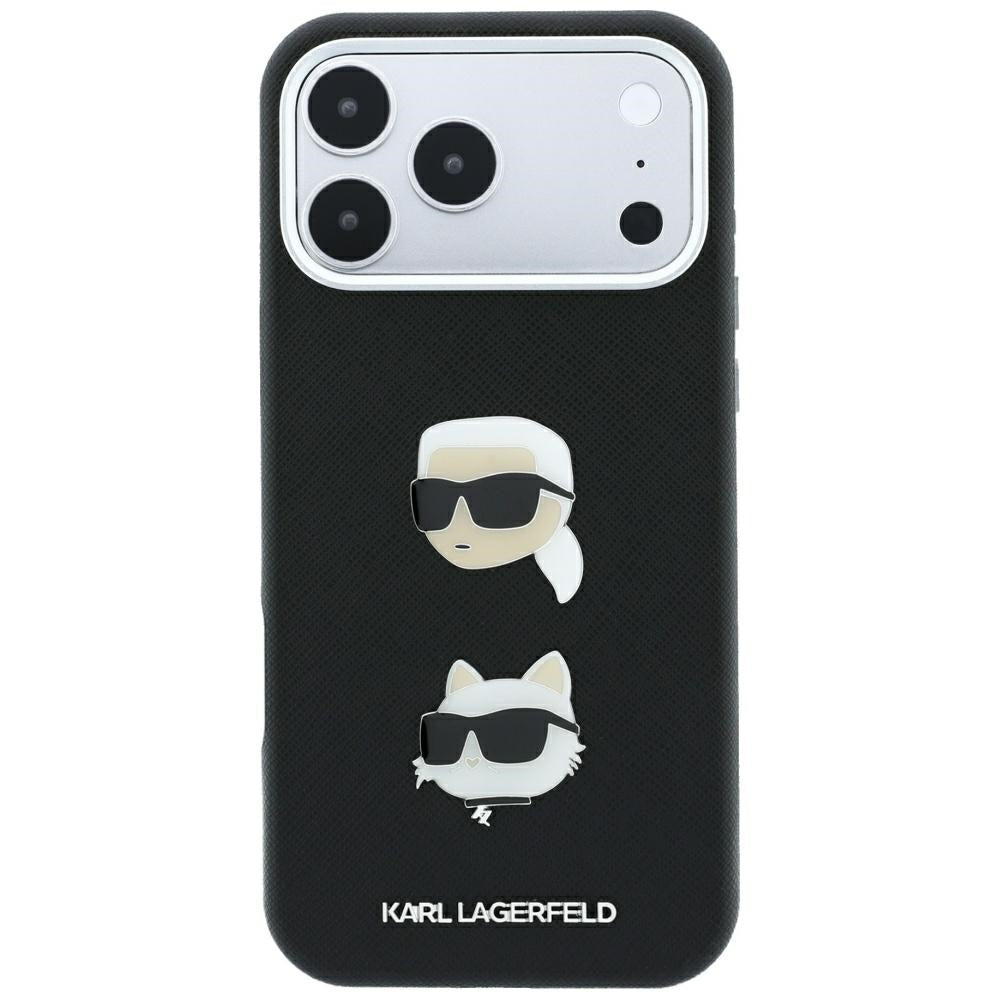 Maska za Apple iPhone 18 Pro Max / 17 Pro Max, Karl Lagerfeld, Saffiano s Karl & Choupette glavom i logotipom, Crna