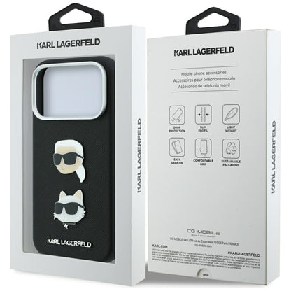 Maska za Apple iPhone 18 Pro Max / 17 Pro Max, Karl Lagerfeld, Saffiano s Karl & Choupette glavom i logotipom, Crna