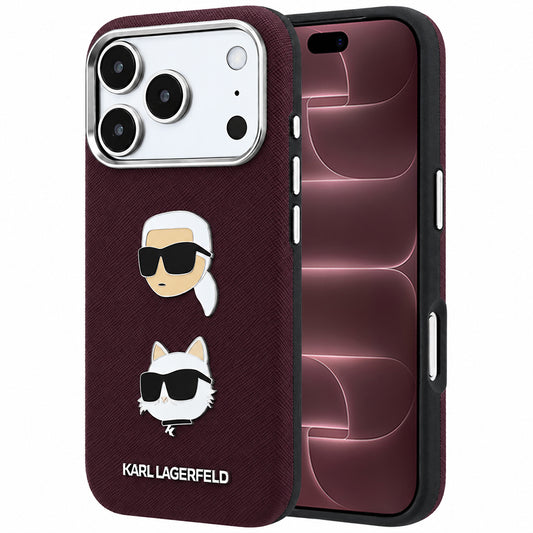 Maska za Apple iPhone 18 Pro Max / 17 Pro Max, Karl Lagerfeld, Saffiano s Karl & Choupette glavom i logotipom, tamnocrvena