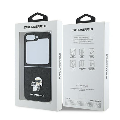 Futrola za Samsung Galaxy Z Flip7 FE F761 / Z Flip6 F741, Karl Lagerfeld, Saffiano Karl & Choupette Metal, Crna