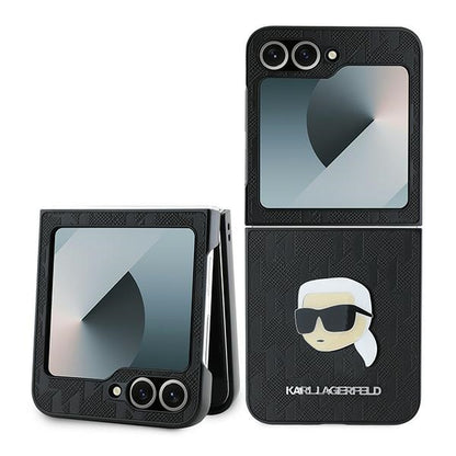Futrola za Samsung Galaxy Z Flip7 FE F761 / Z Flip6 F741, Karl Lagerfeld, Saffiano Monogram Karl's Head Metal, Crna