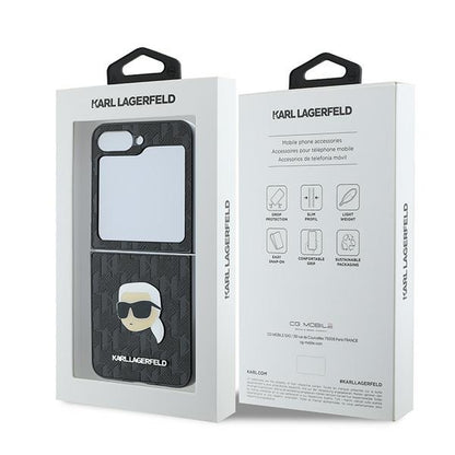 Futrola za Samsung Galaxy Z Flip7 FE F761 / Z Flip6 F741, Karl Lagerfeld, Saffiano Monogram Karl's Head Metal, Crna