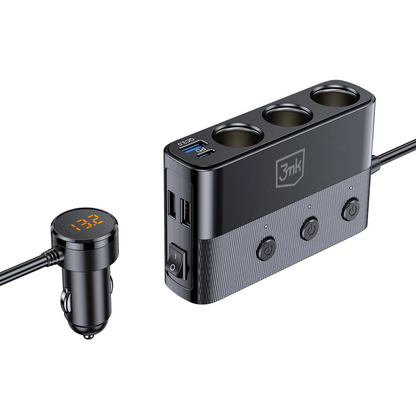 Auto punjač 3MK Power Splitter, 120W, 3A, 3 x USB-A - 1 x USB-C - 3 x produžetak upaljača, Crna