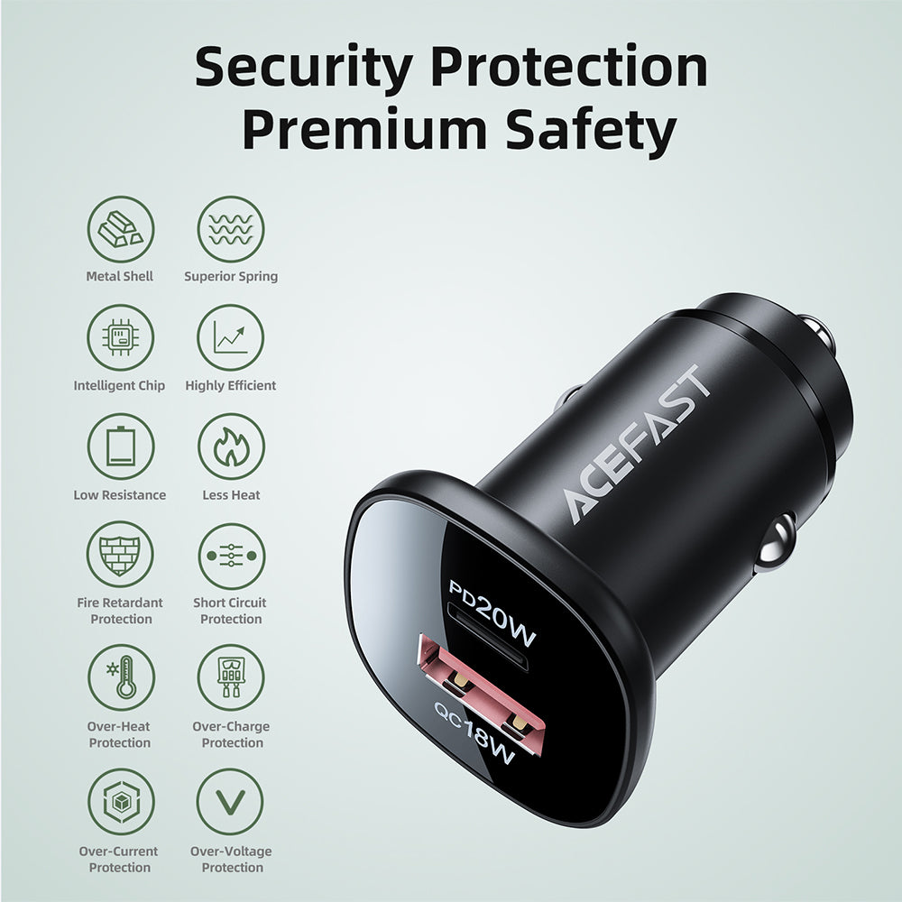 Auto punjač Acefast B1, 38W, 3A, 1 x USB-A - 1 x USB-C, Crni
