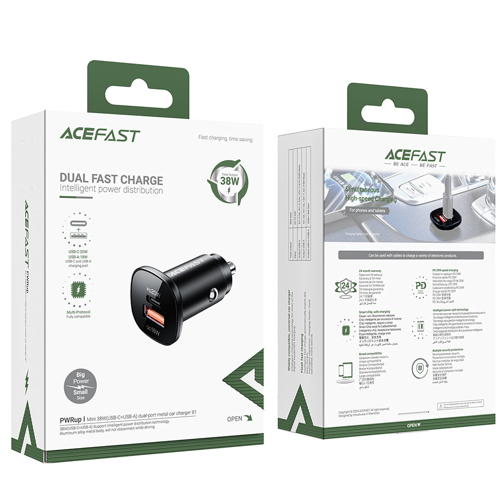 Auto punjač Acefast B1, 38W, 3A, 1 x USB-A - 1 x USB-C, Crni