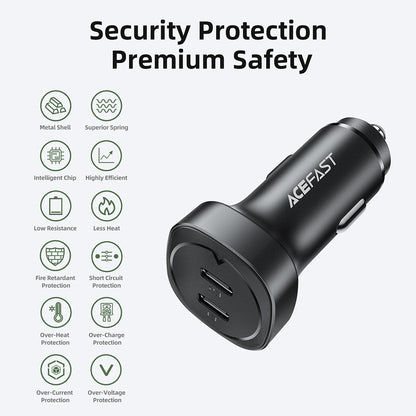 Auto punjač Acefast B2, 72W, 3A, 2 x USB-C, Crni