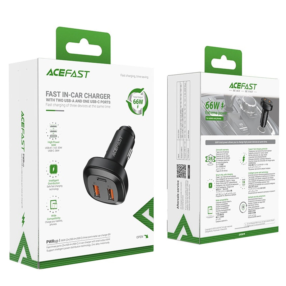 Auto punjač Acefast B9, 66W, 5A, 2 x USB-A - 1 x USB-C, Crni
