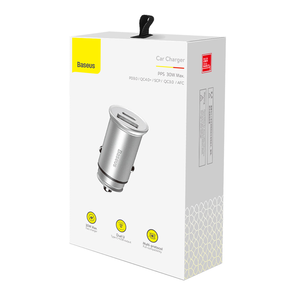 Auto punjač Baseus Circular Metal, 30W, 5A, 1 x USB-A - 1 x USB-C, Sivi