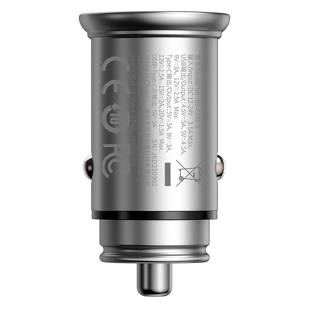 Auto punjač Baseus Circular Metal, 30W, 5A, 1 x USB-A - 1 x USB-C, Sivi