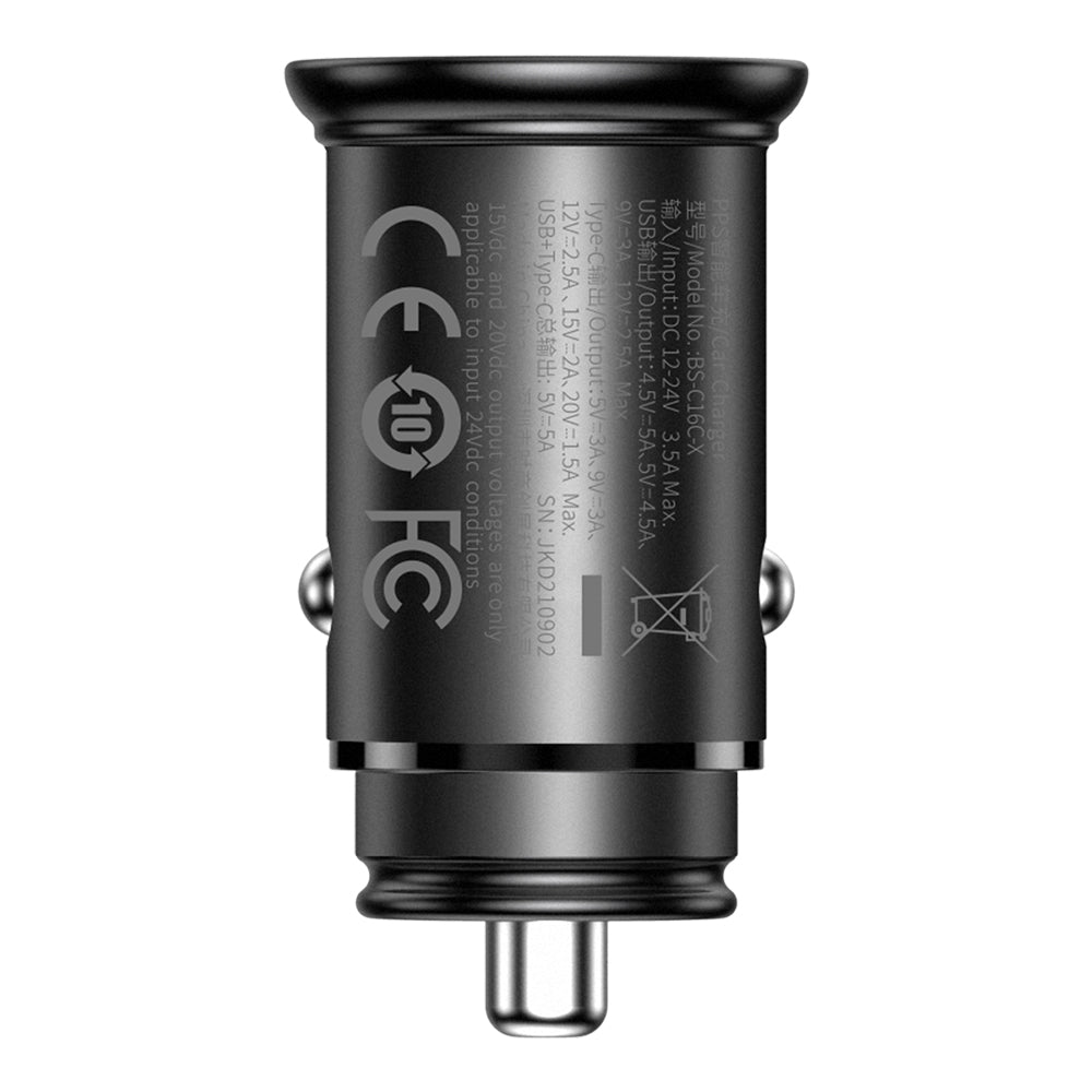 Auto punjač Baseus Circular Metal, 30W, 5A, 1 x USB-A - 1 x USB-C, Crni