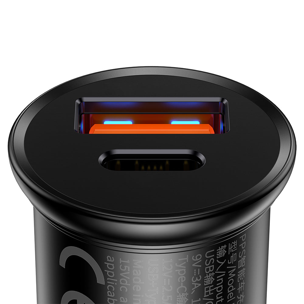 Auto punjač Baseus Circular Metal, 30W, 5A, 1 x USB-A - 1 x USB-C, Crni