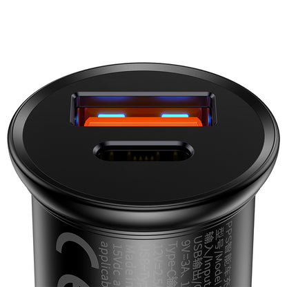 Auto punjač Baseus Circular Metal, 30W, 5A, 1 x USB-A - 1 x USB-C, Crni