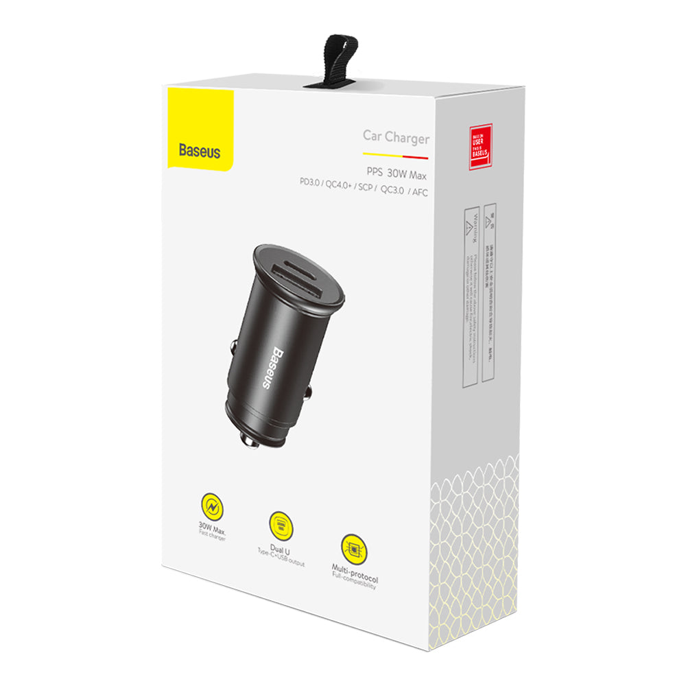 Auto punjač Baseus Circular Metal, 30W, 5A, 1 x USB-A - 1 x USB-C, Crni