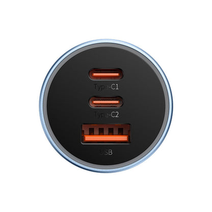 Auto punjač Baseus Golden Contactor Pro, 65W, 3A, 1 x USB-A - 2 x USB-C, Plavi CGJP010003