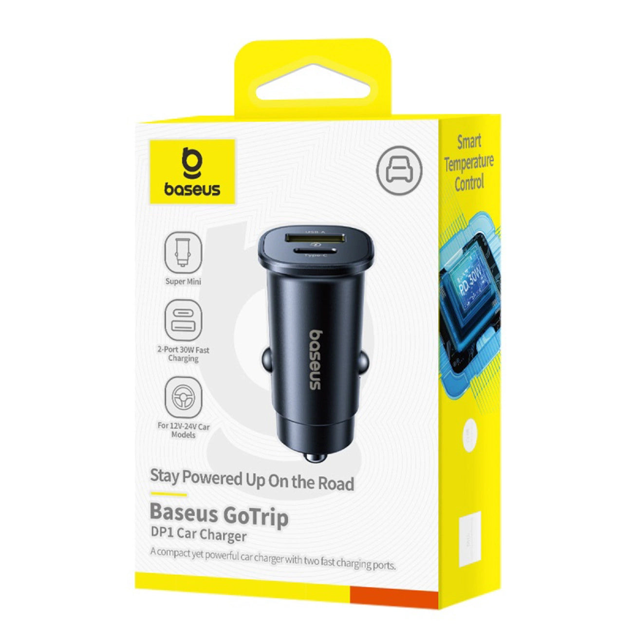 Auto punjač Baseus GoTrip, 30W, 3A, 1 x USB-A - 1 x USB-C, Crni