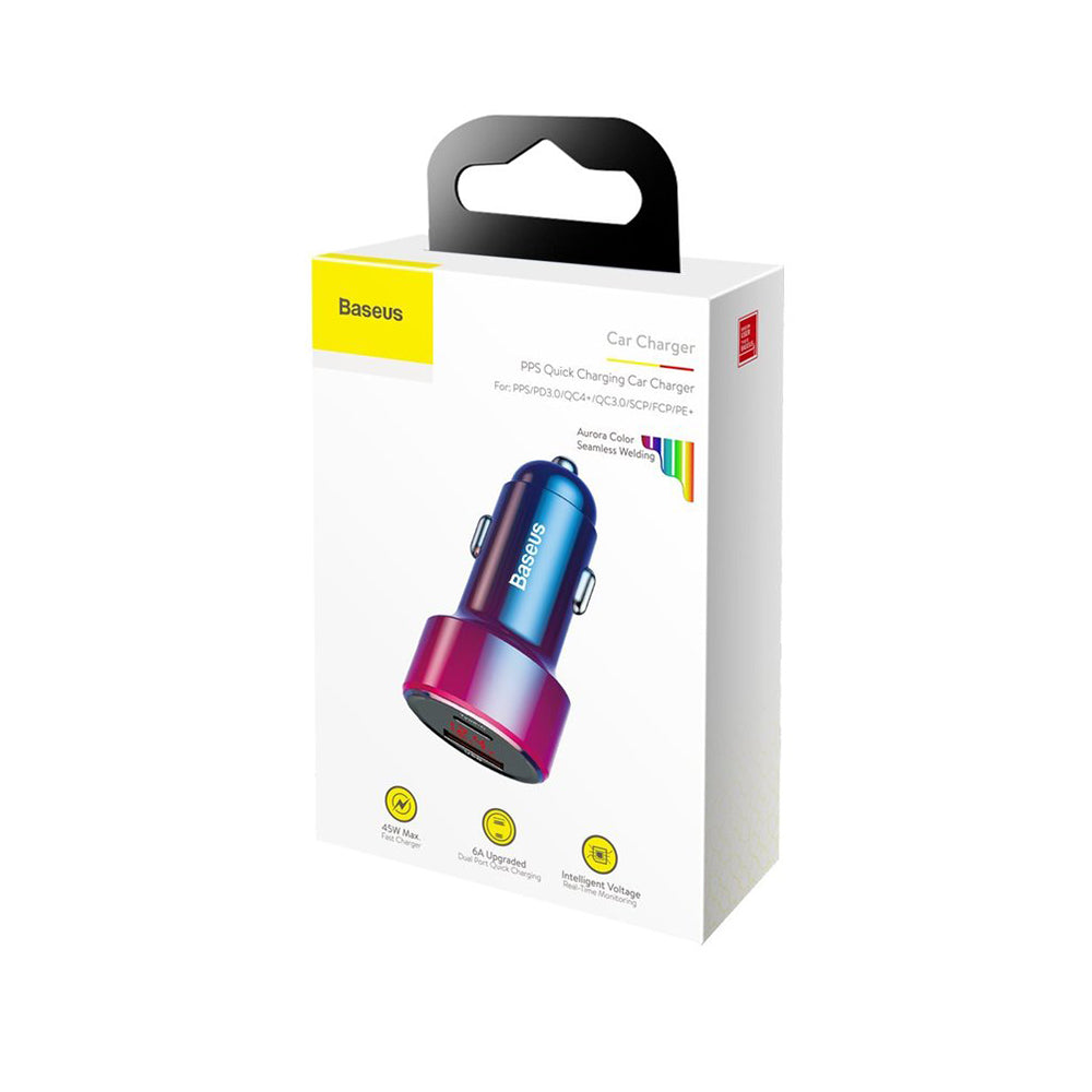 Auto punjač Baseus Magic Display Series, 45W, 5A, 1 x USB-A - 1 x USB-C, Višebojni CCMLC20C-09