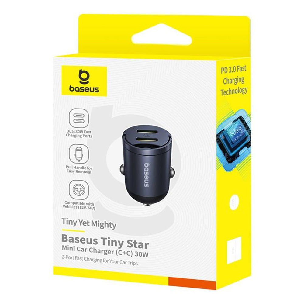 Auto punjač Baseus Tiny Star, 30W, 3A, 2 x USB-C, Crni C00035001121-03