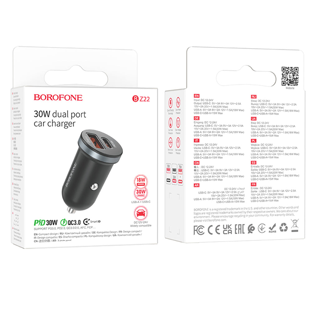 Auto punjač Borofone BZ22 Scenery, 30W, 3A, 1 x USB-A - 1 x USB-C, Crni