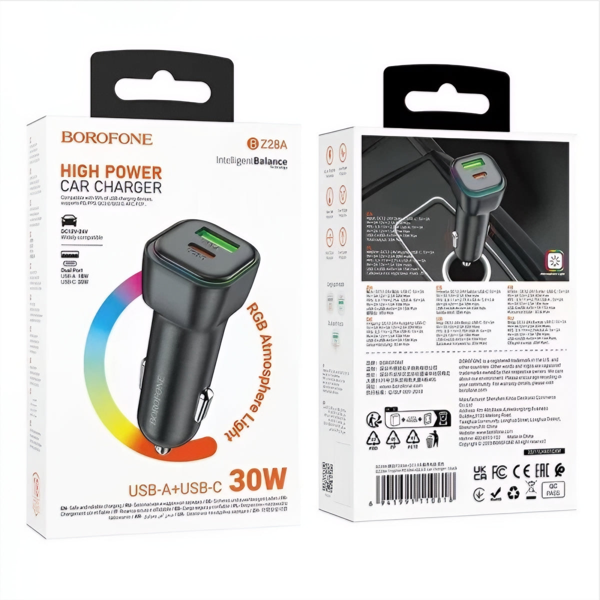 Auto punjač Borofone BZ28A Trophie, 30W, 3A, 1 x USB-A - 1 x USB-C, Crni